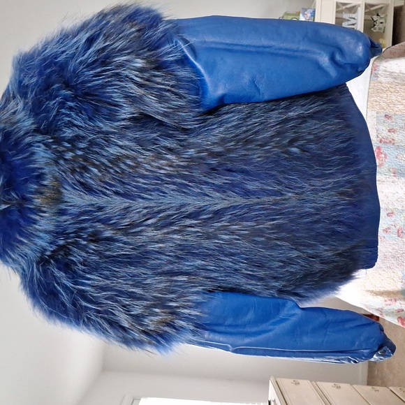 Blue Leather & Rabbit Fur Coat - Picture 8 of 12